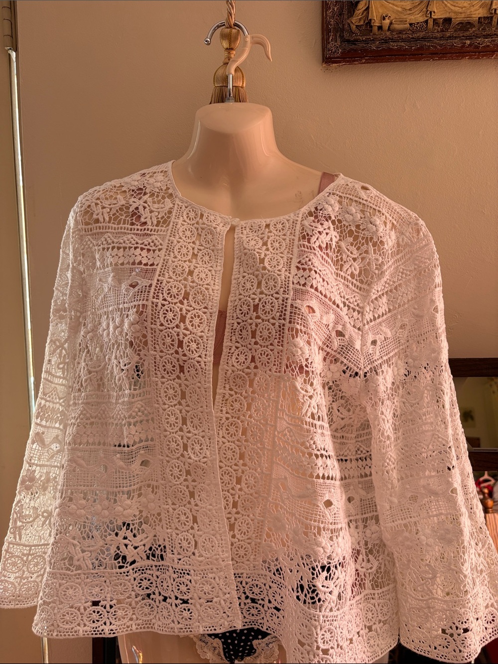 Cotton White Crochet Open-Front Swim Cover-Up Jacket